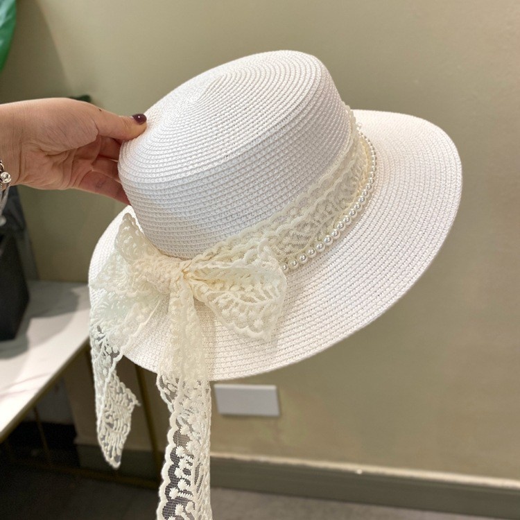 Womens Wide Brim Straw Sun Hat with Lace Bow and Pearl Band